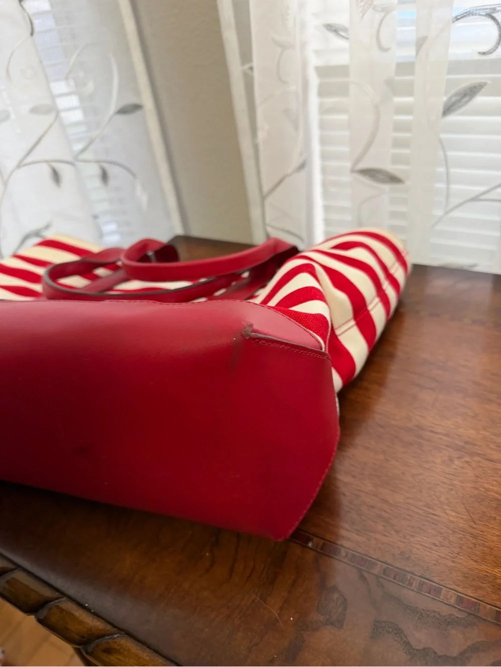 Michael Kors Red and Cream Striped Canvas Tote with Gold MK Emblem